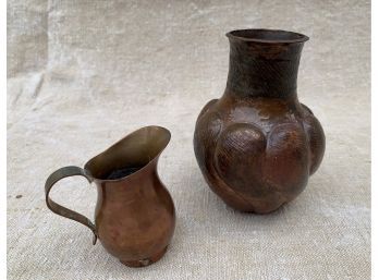 HAND HAMMERED COPPER VASE ATTRIBUTED TO ABDON PUNZO & A CREAMER