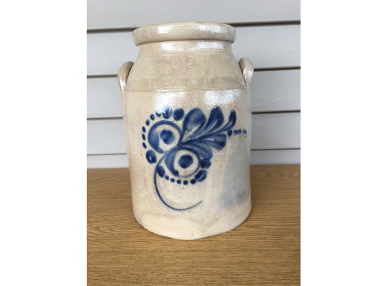 Antique 2 Gallon Stoneware Crock With Blue Decoration And Side Handles. No Cracks Or Chips.