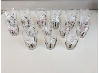 Wonderful 1950s Asian Design Motif ACL Water And Juice Glasses. Set Of (14). (6) Water And (8) Juice.