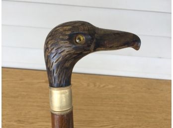 Vintage Wood Walking Cane With Hawk Or Eagle Head Handle. Head Appears To Be Horn Or Bone.