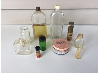 Vintage Cosmetics And Perfume Bottles. Quickies Lotionized Cleansing Pads, Smith's Beauty Shop Face Powder.