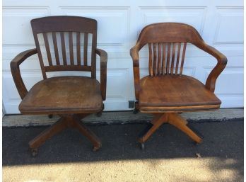 Pair Of Antique Bankers Office Chairs On Wheels. Both Swivel, Adjust And Lean Back. Two Different Styles.