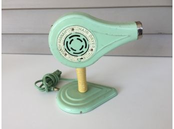 Vintage Mint Green Handy Hannah Hair Dryer On Stand. Turned Wood Handle. Works!
