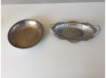 Two Vintage Hammered Aluminum Pieces With Tulips. Bowl Is 422 Rodney Kent.