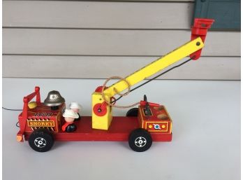 Vintage Fisher Price No. 169 Snorky The Fire Engine Ladder Truck Pull Toy With Two (2) Firemen.