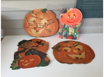 Four Vintage Cardboard Halloween Decorations. Smiling Pumpkins.