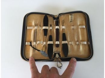 Vintage Premier Zippered Pebble Leather Manicure Set 24 KT Gold Plated Tools.