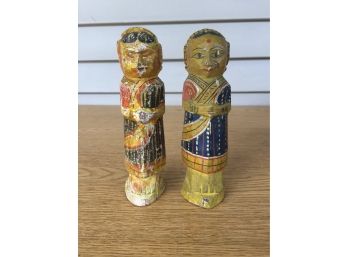 Pair Of Antique India Indian Male And Female Wood And Painted Carved Figures.