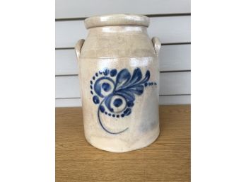 Antique 2 Gallon Stoneware Crock With Blue Decoration And Side Handles. No Cracks Or Chips.