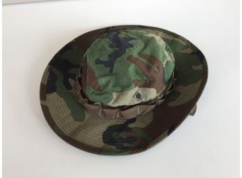 U.S. Army Or United States Marine Corps Size 7 1/2 Ranger, Woodland, Camouflage Bush Hat With Neck Cord.