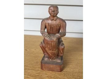 Vintage Wood Hand Carved Figure Of Bald Man Playing The Djembe Or Congo Drum.