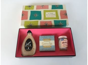 Vintage Jergens Woodbury. 'A Gift For A Lady' Box With Jergens Lotion, Natural Woodbury Dream Glo Face Powder.