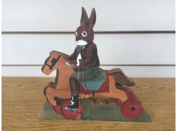 Vintage Painted Wood Rabbit Riding A Horse.