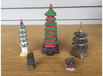 Five (5) Vintage Pagodas. China, Japan, Thailand. Two Smallest Ones Are Metal. Others  Are Ceramic. (1)