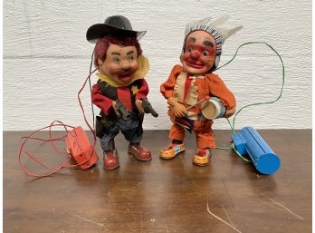 Vintage Battery Operated Tin Toy Cowboy And Indian