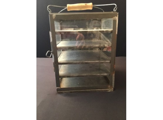 Small Glass And Metal Countertop Display Cabinet With Wood Handle Vintage