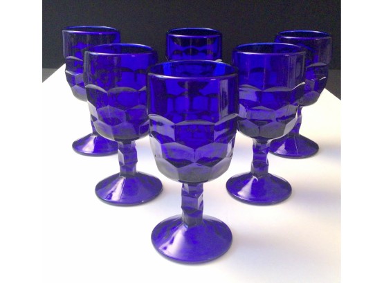 Set Of 6 Cobalt Viking Glass Georgian Wine Goblets HTF