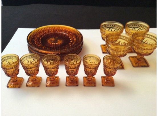 Vintage Indiana Glass Colony Park Lane Amber Plates Sherbets Champagnes Cordials  Lot Of 16