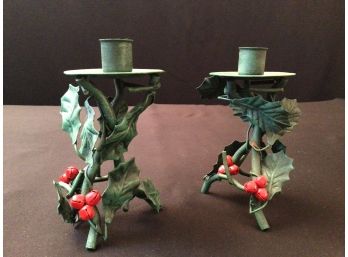 Pair Of Vintage Metal Hollyleaf Candleholders With Jingle Bell Berries
