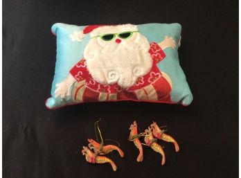 Its A Seaside Christmas Decorator Pillow And Set Of Shrimp Ornaments