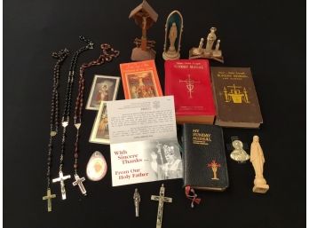 Large Lot Of Catholic Items Including Rosaries, Figurines More