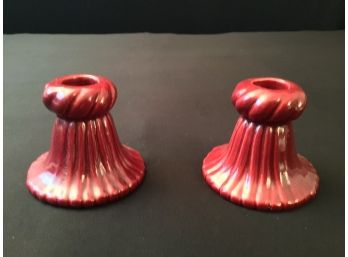 Pair Vintage Haeger  Pottery Cranberry Candleholders