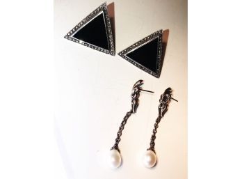 Sterling Silver Earrings . Marcasite /onyx Dangle Earrings  With Pearls