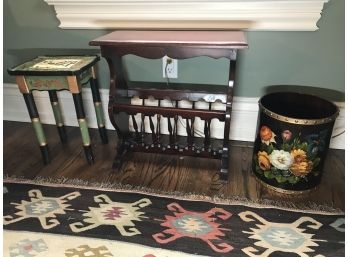 Hand Painted Accent Table ,Mahogany Magazine Rack , Handpainted Waste Basket