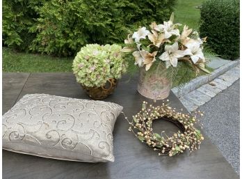 Group Of Decorative Items - Faux Hydrangea, Decorative Pillow & More