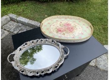 Mirrored Resin Dressing Table Tray & Floral Oval Decorative Serving Tray