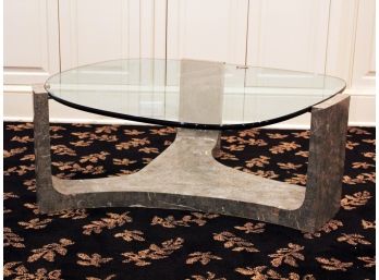 A Tessellated Fossil Stone Custom Designed Glass Topped Cocktail Table, Designed By Casa Bique