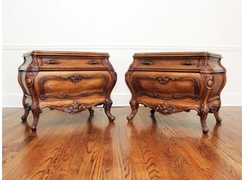 Pair Of French Louis XV Style Bombe Form Nightstands Or End Tables In A Beautiful Fruitwood Finish