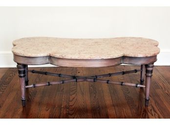 Scalloped Edged Oval Cocktail Table, With A Hand Painted Finish Matching The Soft Pink Colored Marble Top