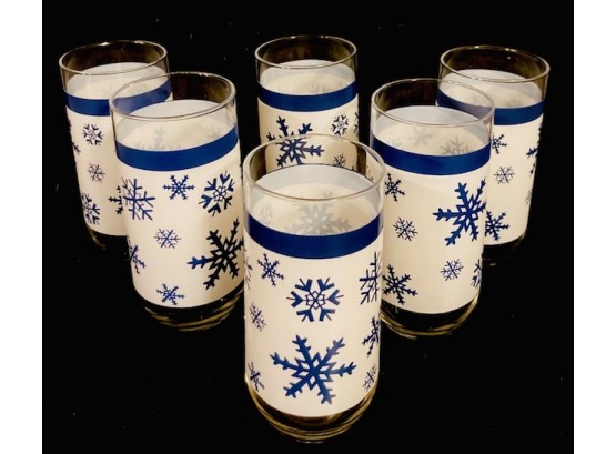 Set Of Vintage Navy Blue & White Snowflake Tumblers (6ct)