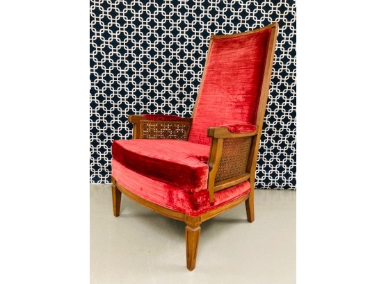 Vintage Mid Century Broyhill Premier Crushed Velvet Maroon Upholstered High Back Arm Chair