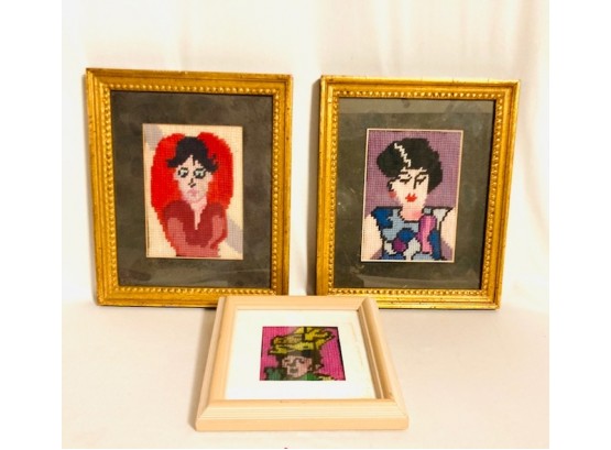 Grouping Of Vintage Hand Crafted Needlepoint Tapestry Portraits (3ct)
