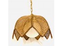 Vintage Mid Century Suspended Swagged Brown Wicker Shade Light Fixture