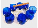 Vintage Mid Century Cobalt Blue Roly-Poly Glasses In Carry Caddy (8ct)