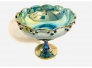 Vintage Mid Century Blue Carnival Glass Footed Compote