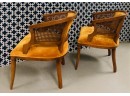 Pair Of Vintage Mid Century Graham Cracker Colored Cane Sided Barrel Chairs