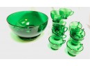 Vintage Mid Century Emerald Green Glass Punch Bowl Set (14ct)