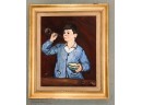Vintage Framed, Artist Signed Oil On Canvas - MCM Boy With The Glycerin Bubble