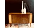Vintage Mid Century Modern Laminate Record Cabinet With Dual Sliding Doors
