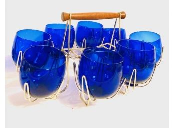 Vintage Mid Century Cobalt Blue Roly-Poly Glasses In Carry Caddy (8ct)