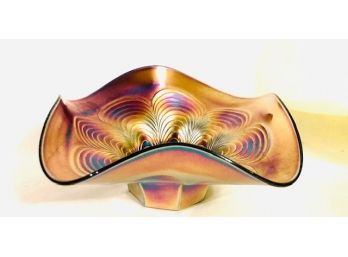 Vintage Mid Century Peacock Arches Carnival Glass Ripple Edge Bowl