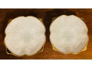 Pair Of Vintage Milk Glass Grape Motif Dishes With 22kt Gold Trim
