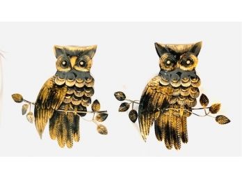 Pair Of Vintage Bronze Tone Tin Owl Wall Hangings