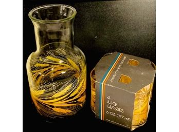 Vintage Mid Century Libbey Wheat Yellow Juice Carafe & Glasses