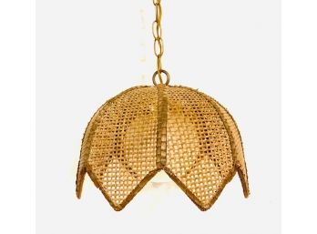 Vintage Mid Century Suspended Swagged Brown Wicker Shade Light Fixture