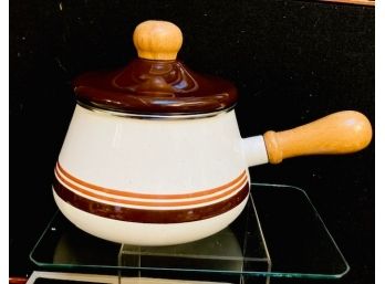 Vintage Brown & Tan Striped Enamel Pan With Lid